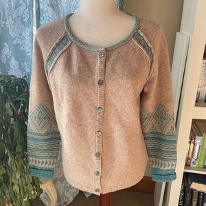 Sundance lambswool beige and blue nordic button down sweater